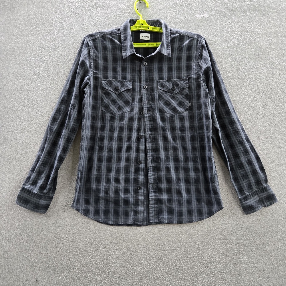 Vans Men Button Up Shirt M Gray Plaid Flannel Long Sleeve Logo Grunge Skater